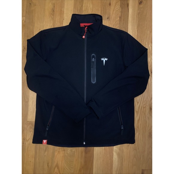 Tesla Motors Corporate Jacket Mens Large Black Softshell Fleece Lined Full Zip